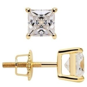16k Yellow Gold Princess Cut Cubic Zirconia CZ Stud Earrings Unisex 1 CTW